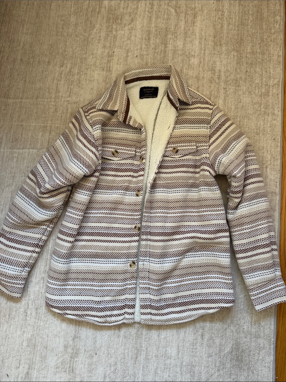 Nomad Cream and Brown Striped Sherpa-Lined Jean Jacket